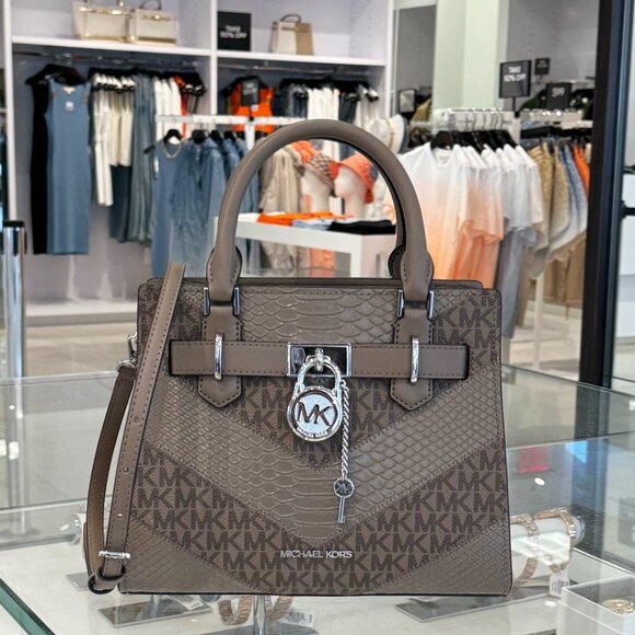 Michael Kors Hamilton Small Satchel Shoulder Bag MK Dust Multi Exotic Embossed - Picture 2 of 14